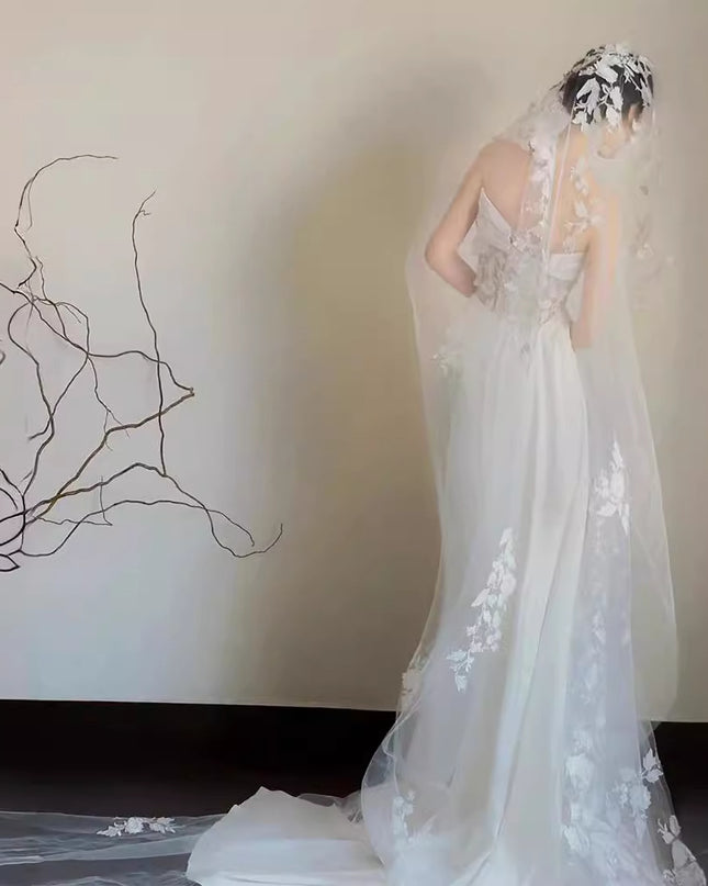 Satin Lace Wedding Veil Tube Top Fishtail Wedding Dress