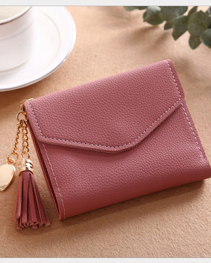 Women's short Korean version of the bag Tassel pendant lychee wallet multi-card position Clutch bag