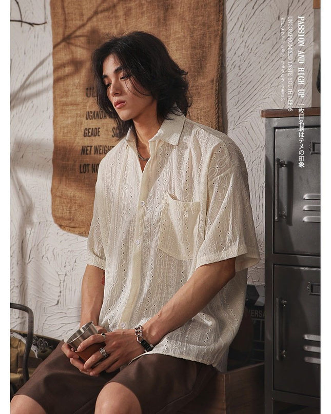 Retro Niche Design Hollow-out Short-sleeved Shirt For Men