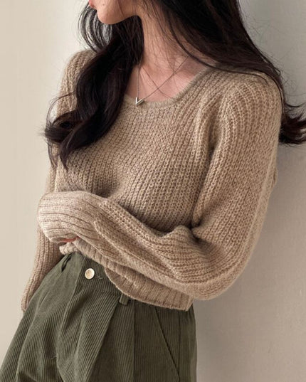 Square-neck Cinched Slimming Pure Color All-matching Fashionable Sweater Women