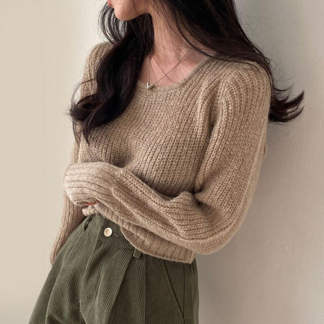 Square-neck Cinched Slimming Pure Color All-matching Fashionable Sweater Women