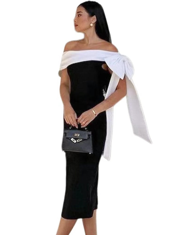 Women's Off-shoulder Bow Black And White Color Matching Elegant Cocktail Dress