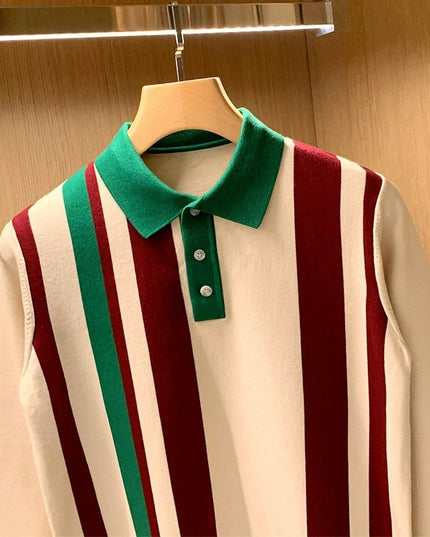 Young Vertical Striped Knitted Long Sleeve Color Matching Lapel Sweater
