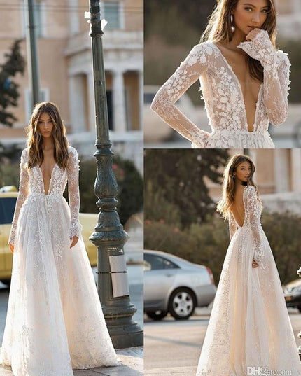 Women's Wedding Dress Lace Long Sleeve Dinner Party Gown