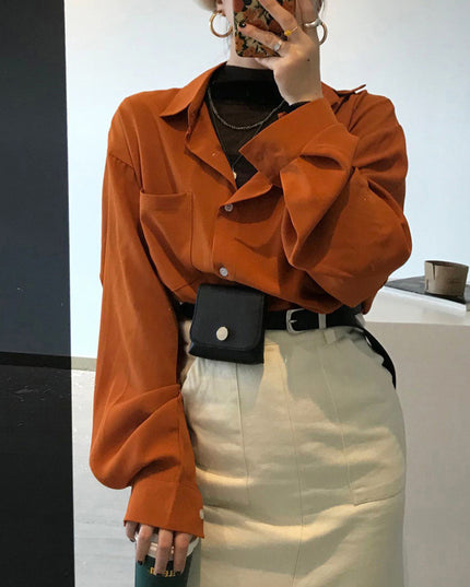 Women's Orange Lantern Sleeve Loose Casual Shirt
