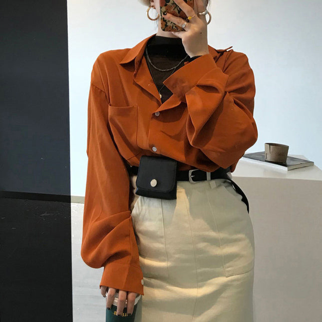Women's Orange Lantern Sleeve Loose Casual Shirt