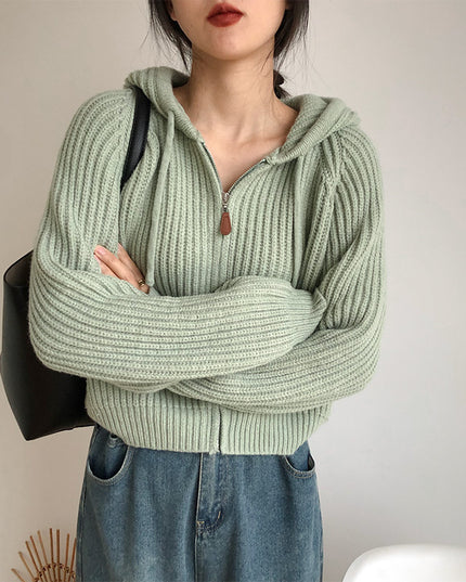 Korean Simple Short Hood Cardigan Wool Sunken Stripe