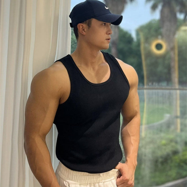 American-style Thick Thread Fitted Stretch Men's Sports Sleeveless T-shirt