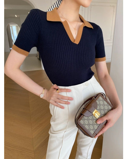 Women's French Retro Color Effect Collar Knitted Short Sleeve