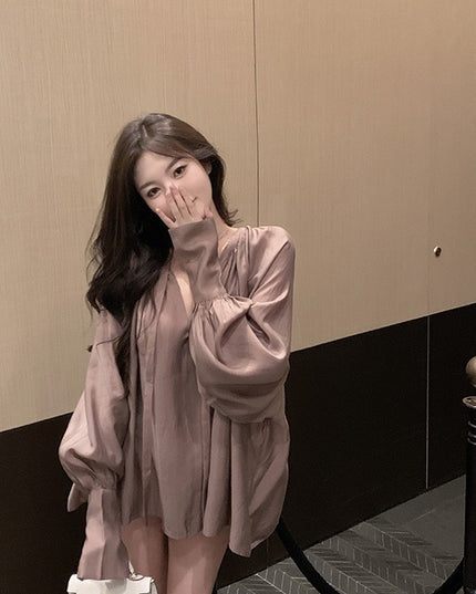 V-neck Slightly Transparent Autumn Loose Bubble Sleeve Shirt