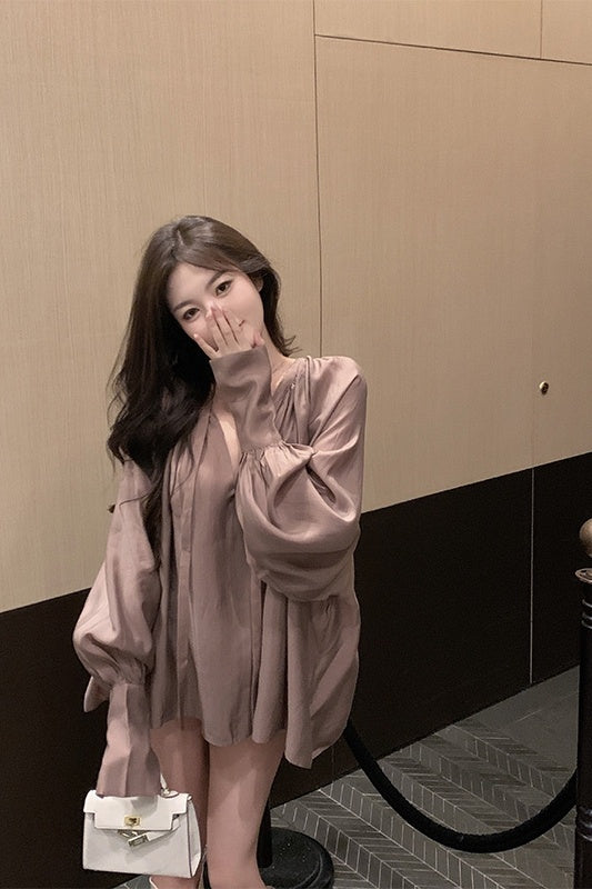 V-neck Slightly Transparent Autumn Loose Bubble Sleeve Shirt