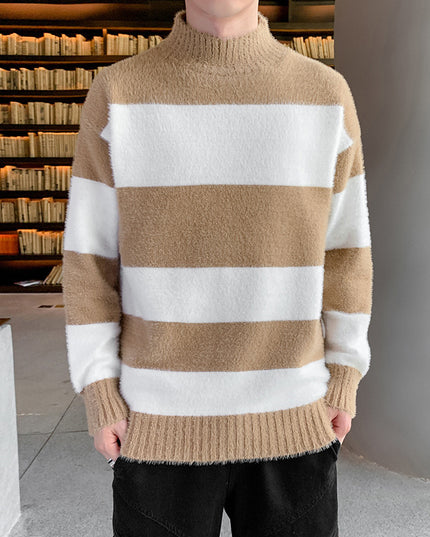 Half High Collar Pullover Striped T-Shirt