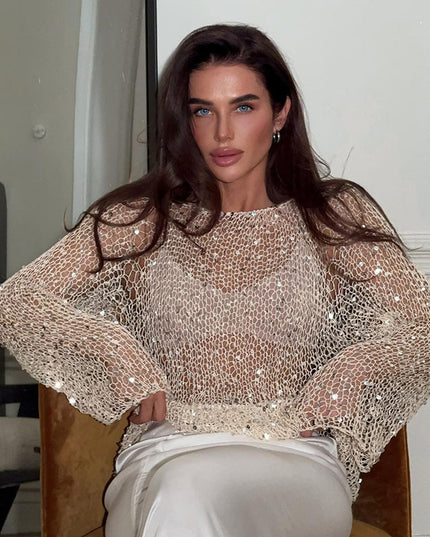 Sequined Hollow-out Long-sleeved Top Casual Style Loose Knitted