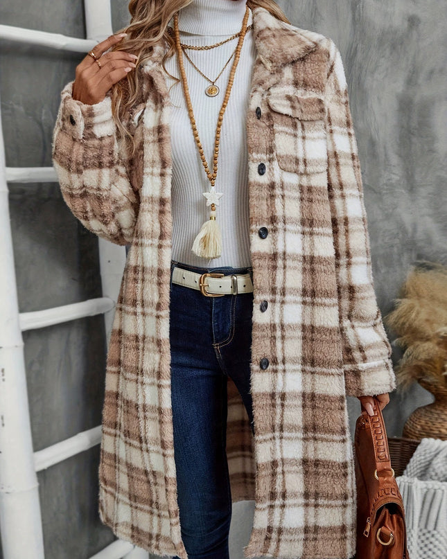 Women's Printed Plaid Long Double-sided Plush Patch Pocket Button Coat