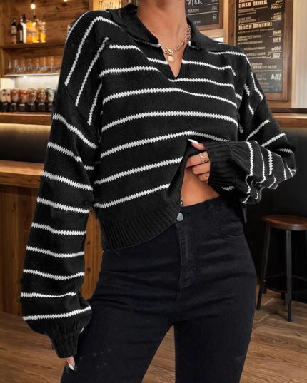 Women's Elegant Polo Collar Stripes Loose Sweater