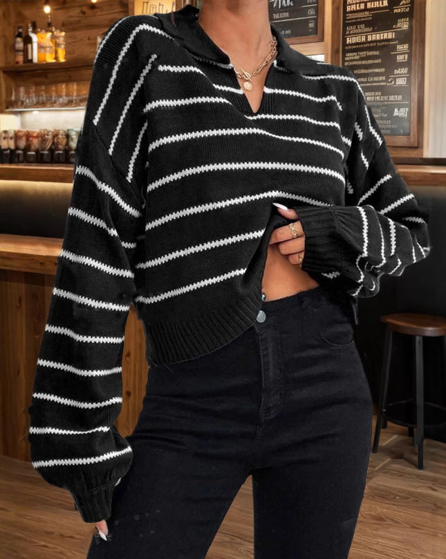 Women's Elegant Polo Collar Stripes Loose Sweater