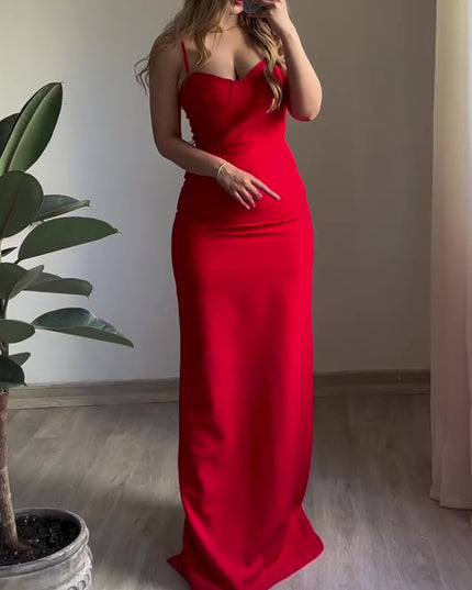 Red Sexy Back Slit Suspender Maxi Dress