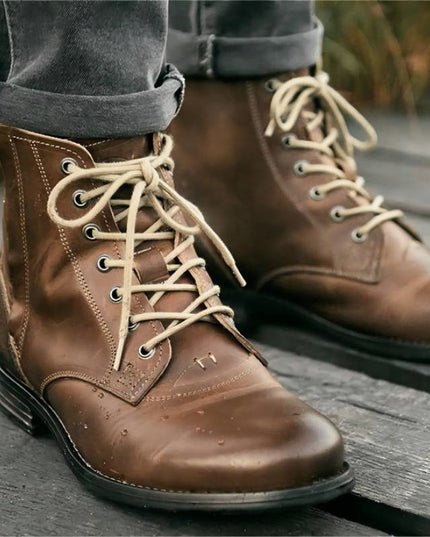 Men Cowboy Boots Retro Lace-up Martin Boot Round Toe Low Heel Shoes
