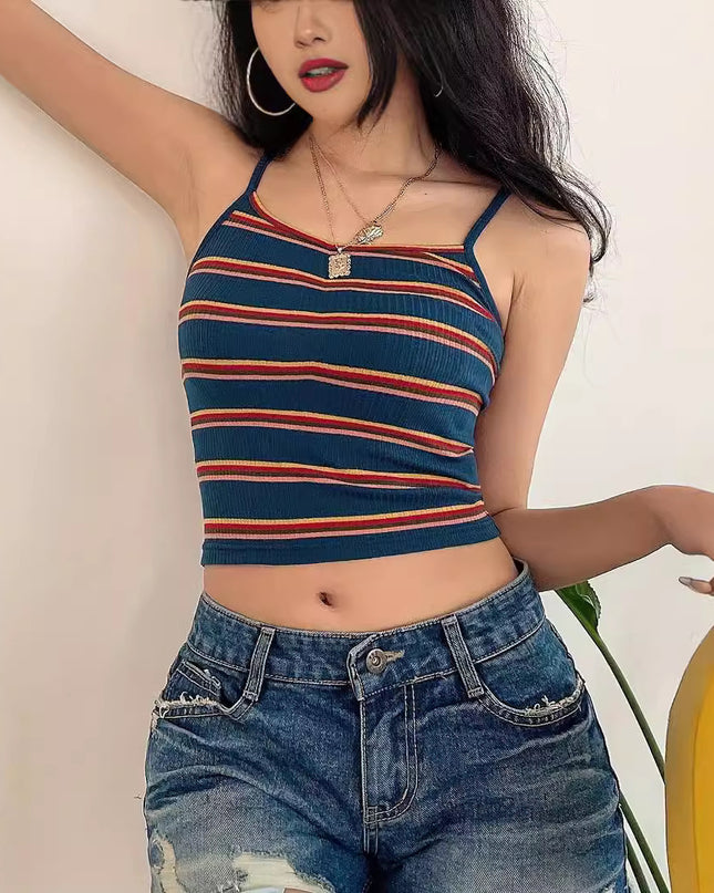 European And American Women's Clothing New Retro Contrast Color Striped Sexy Sling