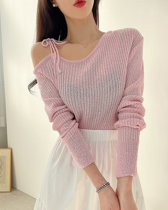 Lace-up Design Sunken Stripe Long-sleeved Sweater Women's Top