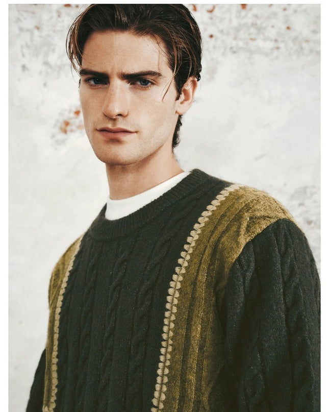 Men's Retro Casual Contrast Color Patchwork Round Neck Knitwear