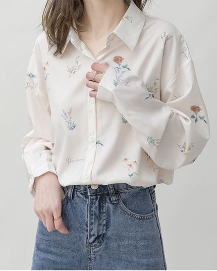 Autumn New Style Korean Style Simple Lapel Printed Temperament Chiffon Long-Sleeved Shirt