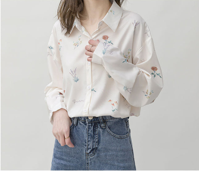 Autumn New Style Korean Style Simple Lapel Printed Temperament Chiffon Long-Sleeved Shirt