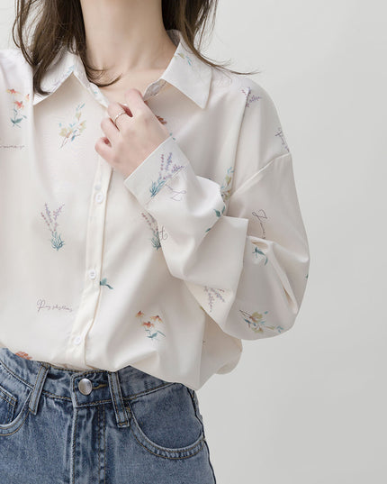 Autumn New Style Korean Style Simple Lapel Printed Temperament Chiffon Long-Sleeved Shirt