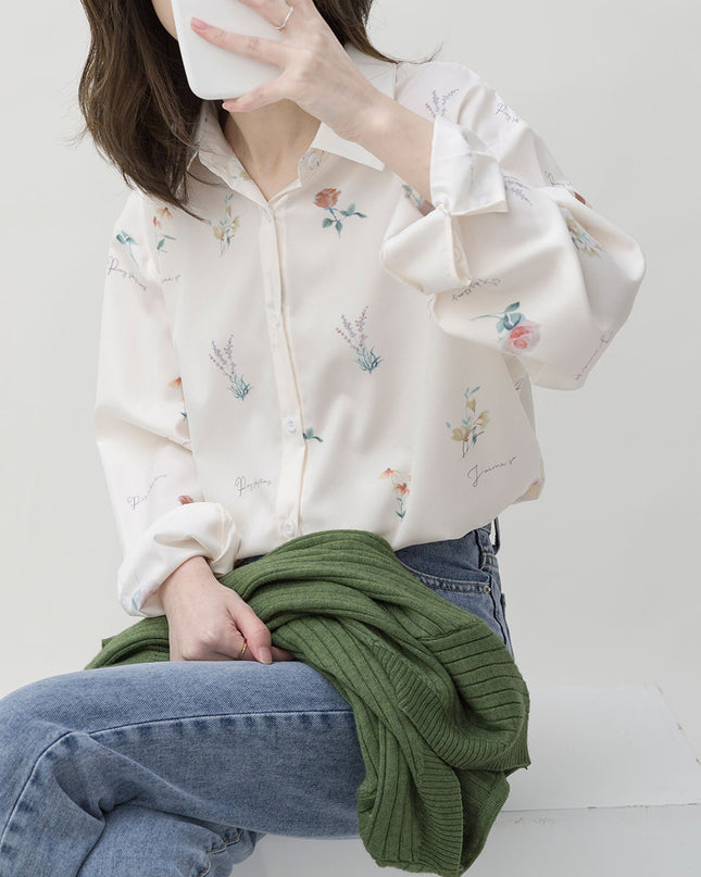 Autumn New Style Korean Style Simple Lapel Printed Temperament Chiffon Long-Sleeved Shirt