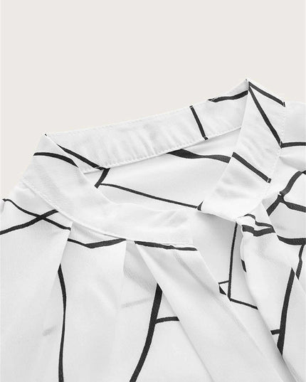European And American Style Ladies Notched Neck Print Long-sleeved Simple Style Top