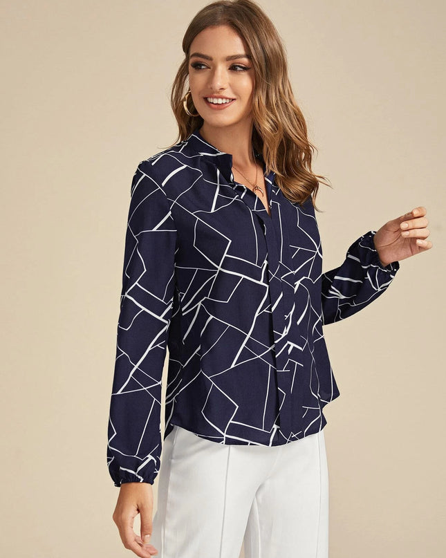 European And American Style Ladies Notched Neck Print Long-sleeved Simple Style Top