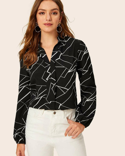 European And American Style Ladies Notched Neck Print Long-sleeved Simple Style Top