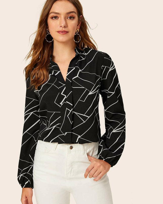 European And American Style Ladies Notched Neck Print Long-sleeved Simple Style Top