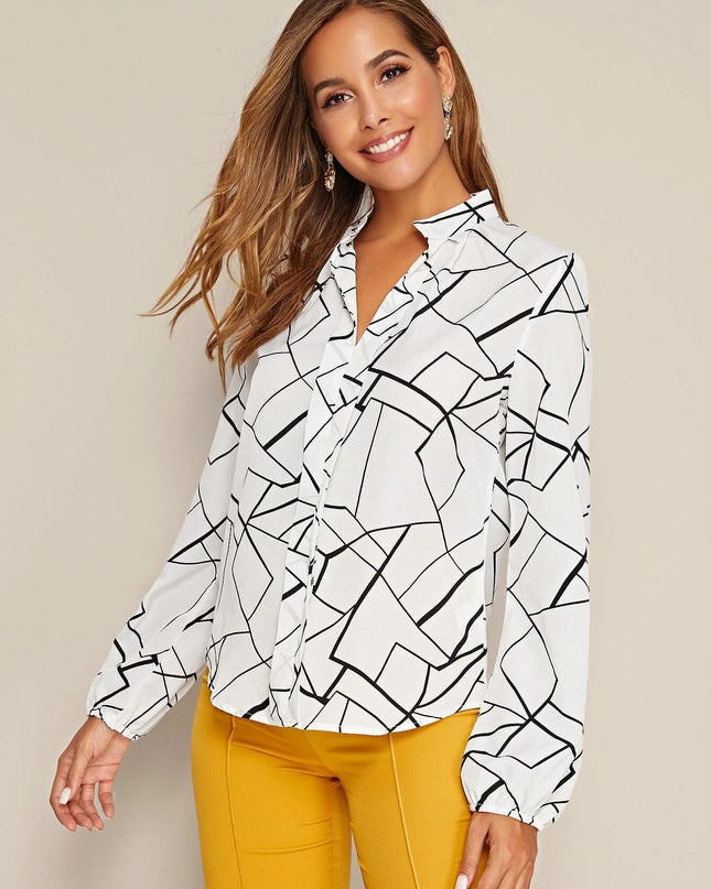 European And American Style Ladies Notched Neck Print Long-sleeved Simple Style Top