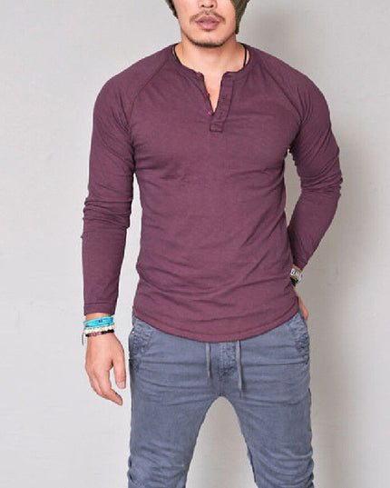 Men's Solid Color Round Neck Button Long Sleeve t-shirt