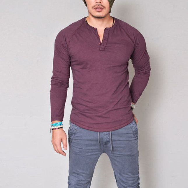 Men's Solid Color Round Neck Button Long Sleeve t-shirt