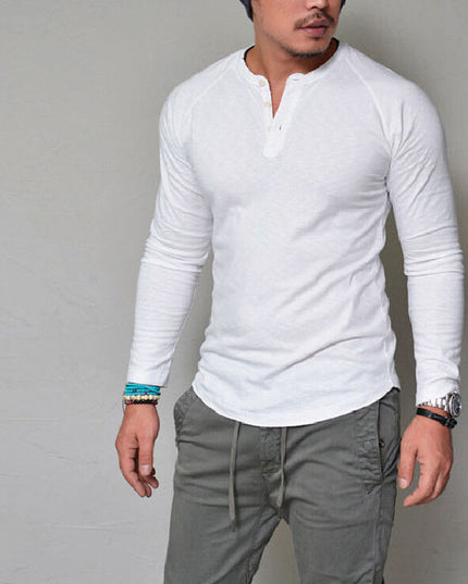Men's Solid Color Round Neck Button Long Sleeve t-shirt