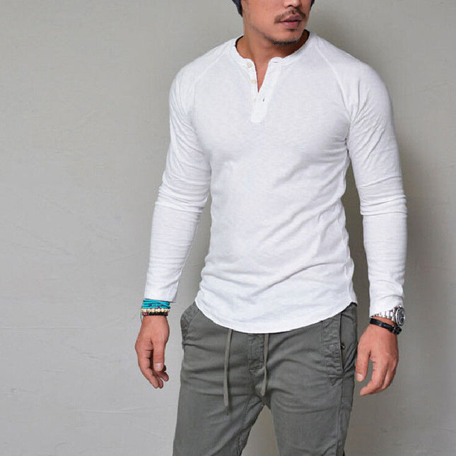 Men's Solid Color Round Neck Button Long Sleeve t-shirt