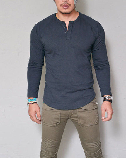 Men's Solid Color Round Neck Button Long Sleeve t-shirt