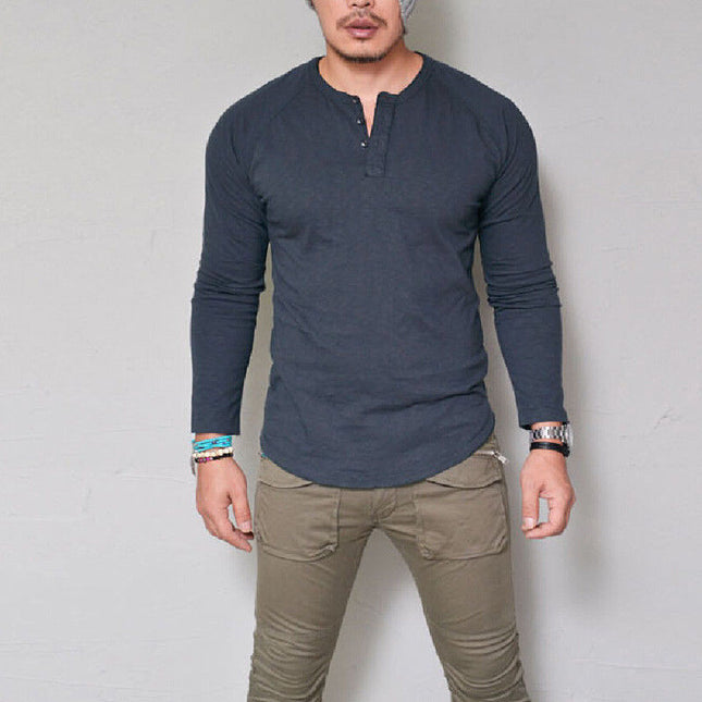Men's Solid Color Round Neck Button Long Sleeve t-shirt