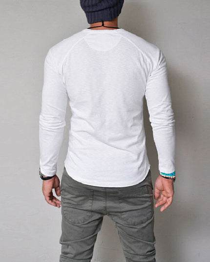 Men's Solid Color Round Neck Button Long Sleeve t-shirt