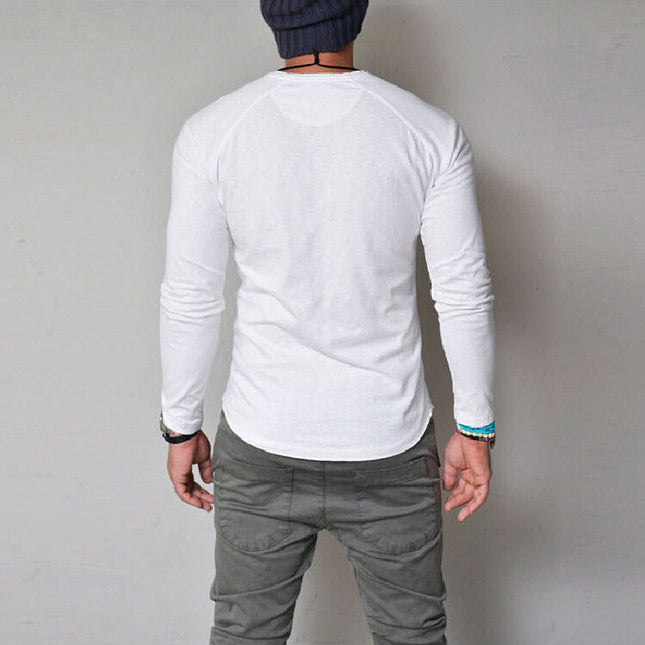 Men's Solid Color Round Neck Button Long Sleeve t-shirt