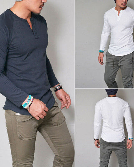 Men's Solid Color Round Neck Button Long Sleeve t-shirt