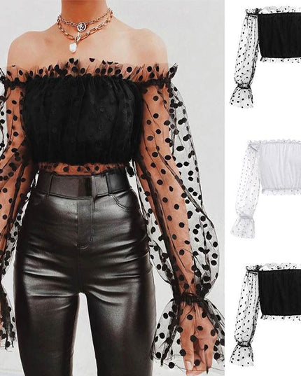 Polka Dot Lantern Long-Sleeved One-Word Neck Gauze