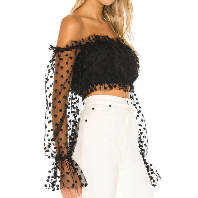 Polka Dot Lantern Long-Sleeved One-Word Neck Gauze