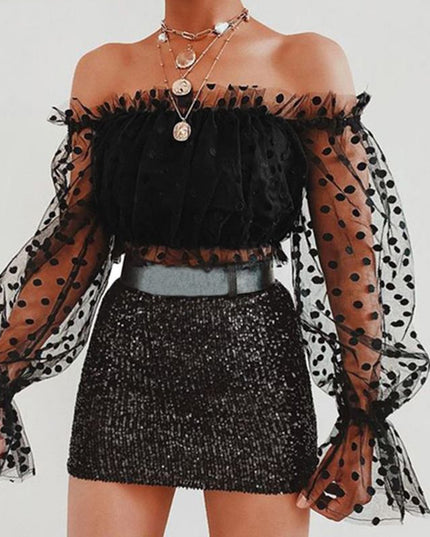 Polka Dot Lantern Long-Sleeved One-Word Neck Gauze