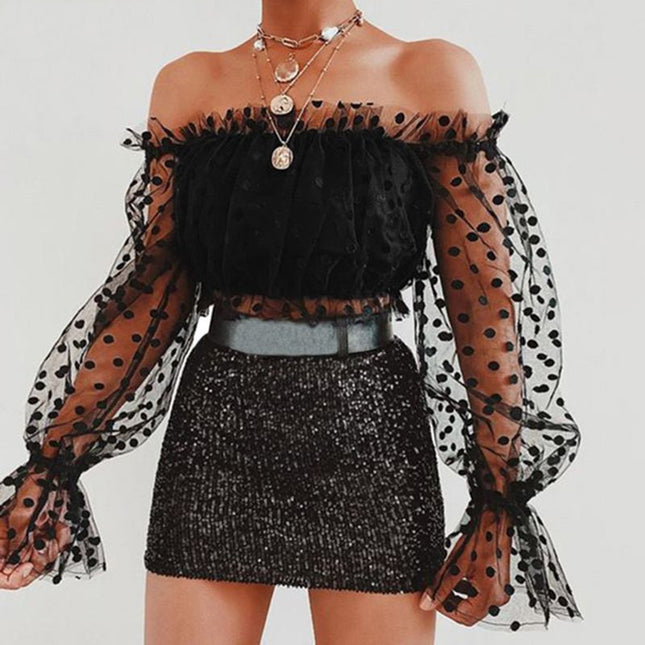 Polka Dot Lantern Long-Sleeved One-Word Neck Gauze