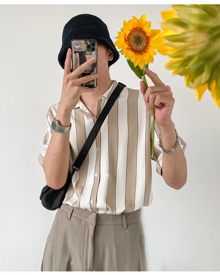 Summer Striped Tencel Short-Sleeved Shirt Men