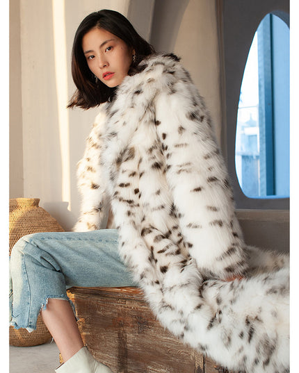 Ladies Fur Jacket Faux Fox Fur Coat Black Dot Leopard Print Long Suit