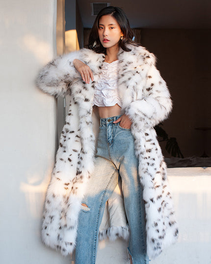 Ladies Fur Jacket Faux Fox Fur Coat Black Dot Leopard Print Long Suit
